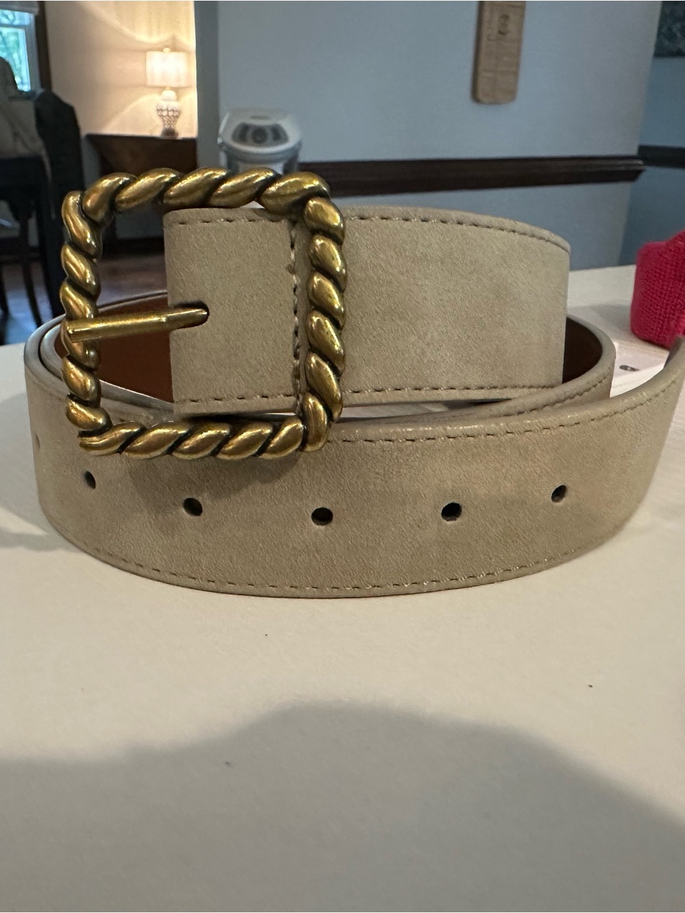 Buckle Beige Suede Belt with Twisted Gold Buckle